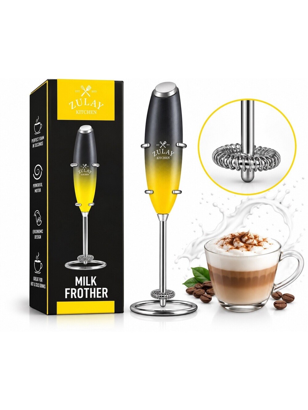 💛 Zulay Kitchen Milk Frother – Black & Yellow Ombre – Single Whisk – New